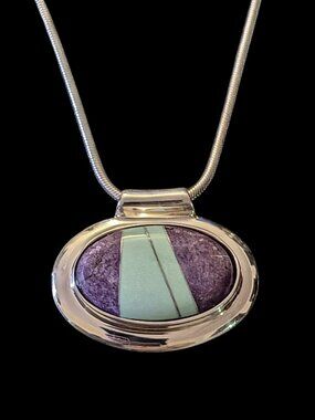 Jay King DTR 925 Sterling Charoite Aventurine Inlay 1.22" Pendant 18" Chain